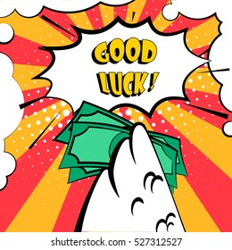 Happy New Year vector card with rooster wing and bundle of money. Good luck. Comics style.