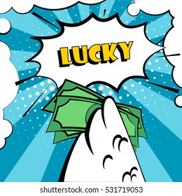 Happy New Year vector card with rooster wing and bundle of money. Lucky. Comics style.