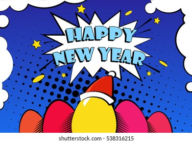 Happy New Year vector card with color eggs in a Santa hat and greeting text. Comics style.