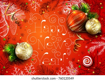 Happy New Year. Vector card with realistic fir tree, balls and hand drawn conifers branches. 3D. Christmas red background with decorations. Sketch vintage illustration.