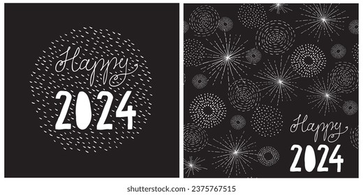 Feliz Año Nuevo con tarjeta vectora.Fondo negro con escritura a mano blanca Happy 2024.Marco de forma redondeado hecho de franjas blancas.Fuegos artificiales de resumen blancos aislados en un diseño negro.Conjunto de 2 tarjetas de vísperas de Año Nuevo.