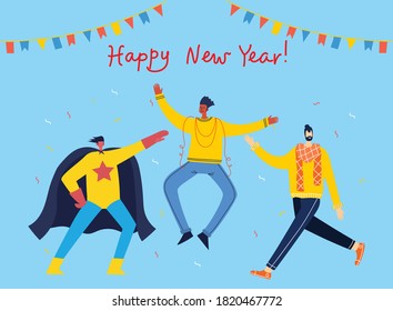 Happy New Year. Vector cartoon illustration of Happy group of people celebrating new year, jumping on the party. The concept of friendship, healthy lifestyle, success, celebrating, party.