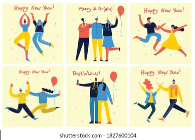 Happy New Year. Vector cartoon illustration of Happy group of people celebrating new year, jumping on the party. The concept of friendship, healthy lifestyle, success, celebrating, party.