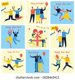 Happy New Year. Vector cartoon illustration of Happy group of people celebrating new year, jumping on the party. The concept of friendship, healthy lifestyle, success, celebrating, party.