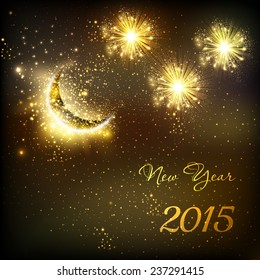 Happy New Year vector celebration background fireworks with moon, easy all editable