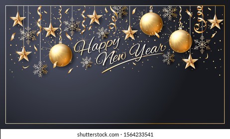 Happy New Year. Vector. Christmas star. Greeting Card. Golden  inscription on a black background. Confetti, golden balls and ribbons.  Template for the design of greetings, invitations, calendars.