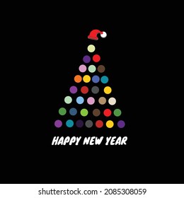 Feliz año nuevo vector. signo de navidad colorida. Vector de ilustración de árbol de navidad con sombrero rojo