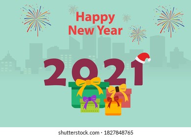 Gutes neues Vektorkonzept für das neue Jahr: Alles Gute für das neue Jahr 2021 mit Geschenken und Feuerwerken