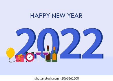 Happy New Year Vector Concept. 2022 Happy New Years Text With Party Hat, Alarm Clock, Glass And, Bottle Of Champagne