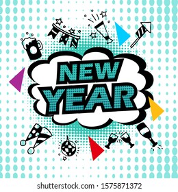 Happy new year vector design pop art comic background