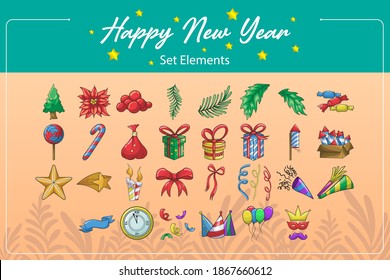 Happy New Year, Vector design, hand drawn cartoon illustration.
An illustration consists of separate objects and symbols.
The vector format allows you to enhance and edit images without losing quality