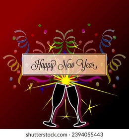 Alles Gute zum Neujahrs-Vectordesign und zu Bearbeitende Vorlage mit Confetti, Wein- oder Champagnerbrillen und explodierten Sternen. Feiern Sie den Feiertag mit Glück und Liebe