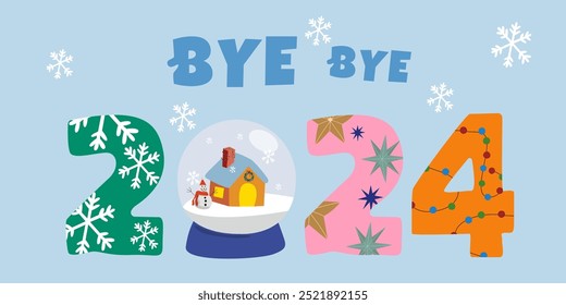 Happy New Year vector elements in retro cartoon flat style. Good bye 2024 poster. Hand drawn numbers on a blue background. Holiday and celebration festival illustration