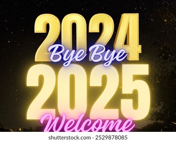 Happy New Year vector elements in neon style. Good bye 2024 welcome 2025 poster. Golden numbers on a black background. Holiday and celebration festival illustration. Bye Bye 2024 vector 