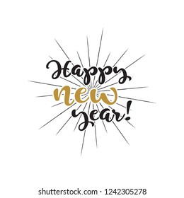 Happy new year vector emblem with hand drawn style text and spark in the background.