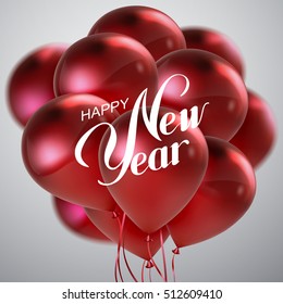 Happy New Year. Vector festive illustration of flying glossy balloons and golden confetti glitters. Red balloon bunch with Happy New Year label. Decoration element for holiday event poster design