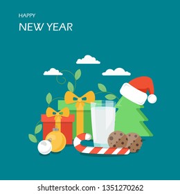 Happy New Year vector flat style design illustration. Santa hat, gift boxes, glass of milk with cookies, candy cane, christmas tree, balls. Winter holidays composition for web banner, website page etc