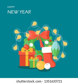 Happy New Year vector flat style design illustration. Gift boxes, christmas wreath, balls, stocking and garland xmas tree lights. Christmas composition for greeting card, web banner, website page etc.