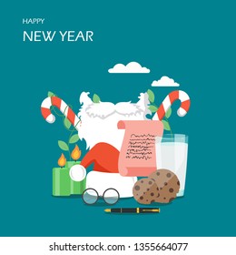 Happy New Year vector flat style design illustration. Santa hat, white beard and mustache, candles, glass of milk with cookies, candy canes, pen and letter to Santa Claus.