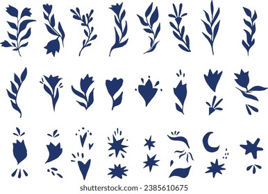 Happy new year vector folk art collection. Flowers, stars and ornaments blue silhouettes. Botanical magical Christmas elements