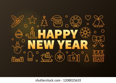 Happy New Year vector golden horizontal illustration. Modern banner with thin line design on dark background