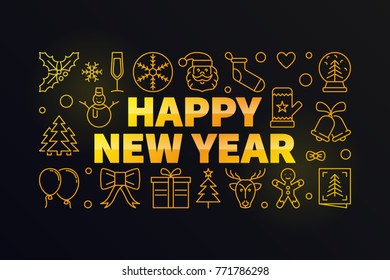 HAPPY NEW YEAR vector golden illustration or horizontal banner on dark background