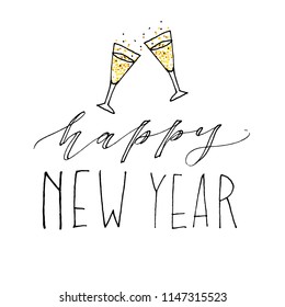 Happy New Year Vector Gradient Phrase Lettering Calligraphy Illustration Sticker Gold