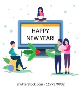 Happy new year, vector graphic design. Team workers celebrate Christmas. 