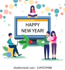 Happy new year, vector graphic design. Team workers celebrate Christmas. 