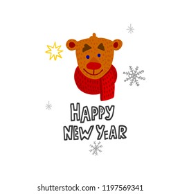 Happy New Year vector greeting card with cartoon bear character. Vector illustration, minimal style. Hand lettering. Snowflakes. Cute design.