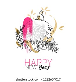 Happy New Year vector greeting card template. Hand drawn modern background with Christmas ball in ink doodle sketch style, watercolor, gold ribbon and abstract texture for fashion print art design.