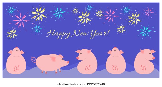 Happy new year vector greeting card with five pigs (symbol of 2019) in different poses, some of them watching firework