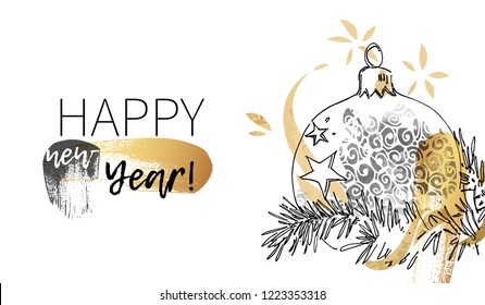 Happy New Year vector greeting card template. Hand drawn modern background with Christmas ball in ink doodle sketch style, watercolor, gold ribbon and abstract texture for fashion print art design.