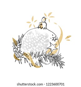 Happy New Year vector greeting card template. Modern background with silver Christmas ball drawn in freehand sketch style, watercolor, gold and abstract texture for fashion print art design.