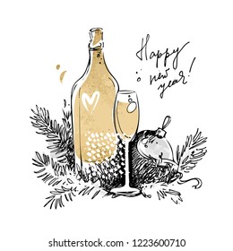 Happy New Year vector greeting card template. Modern background with Christmas ball, champagne drawn in freehand doodle sketch style, watercolor, gold and abstract texture for fashion print art design