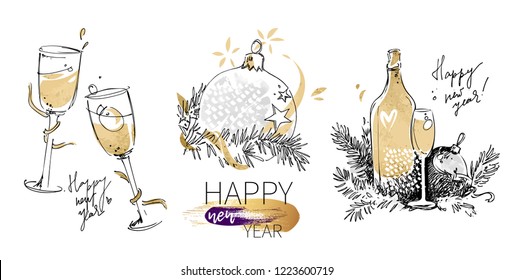 Happy New Year vector greeting card template. Modern background with Christmas ball, champagne drawn in freehand doodle sketch style, watercolor, gold and abstract texture for fashion print art design