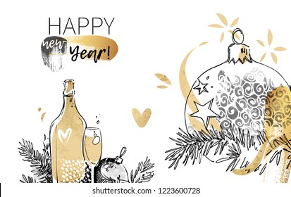 Happy New Year vector greeting card template. Modern background with Christmas ball, champagne drawn in freehand doodle sketch style, watercolor, gold and abstract texture for fashion print art design