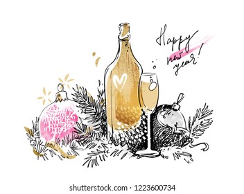 Happy New Year vector greeting card template. Modern background with Christmas ball, champagne drawn in freehand doodle sketch style, watercolor, gold and abstract texture for fashion print art design