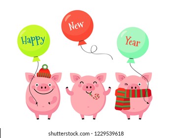 happy new year vector greeting card with funny piglets