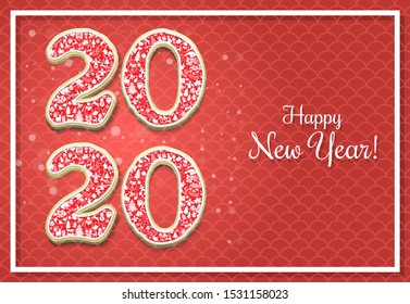 Happy New Year vector greeting card template. Creative numbers 2020 with winter holidays pattern on red background with snowflakes, text.