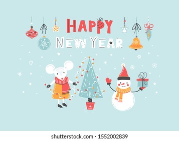 Happy New Year vector greeting card with lettering quote. Cute white mouse decorate Christmas tree and snowman. Flat cartoon style.  New Year greeting card, poster, banner