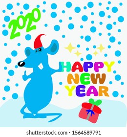 Happy new year vector greeting card. Mouse symbol 2020 holding gift box