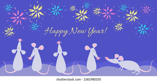 Happy new year vector greeting card with five rats or mouses (symbol of 2020 in Chinese horoscope) in different poses, some of them watching firework