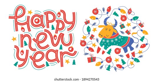 Happy new year. Vector greeting card, banner on white background.