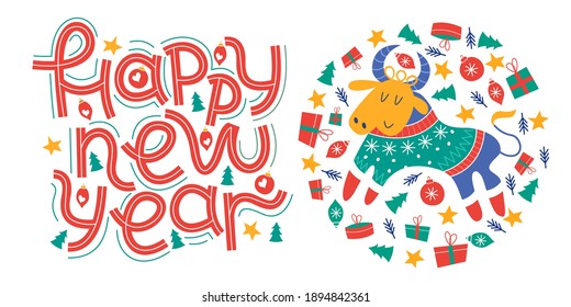 Happy new year. Vector greeting card, banner on white background.