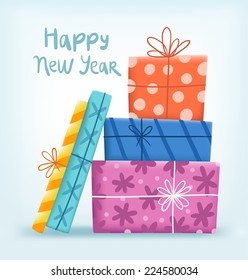 Happy New year vector greeting illustration with gift boxes