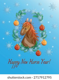 Frohes neues Jahr Vektor Grußkarte mit Pferd im Rahmen von Tannenbaumzweigen, Schneeflocken und Weihnachtsbällen