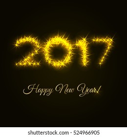 Happy New Year vector greeting card with gold shine 2017 on a black background