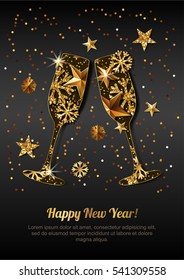 Happy New Year vector greeting card with gold drinking glasses. Holiday black glowing background. Stars, snowflakes with golden pattern. Concept for New Year banner, poster, flyer, party invitation