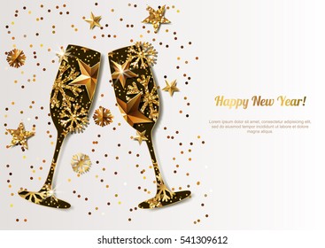 Happy New Year vector greeting card with gold drinking glasses. Holiday glowing background. Stars, snowflakes with golden pattern. Concept for New Year banner, poster, flyer, party invitation.